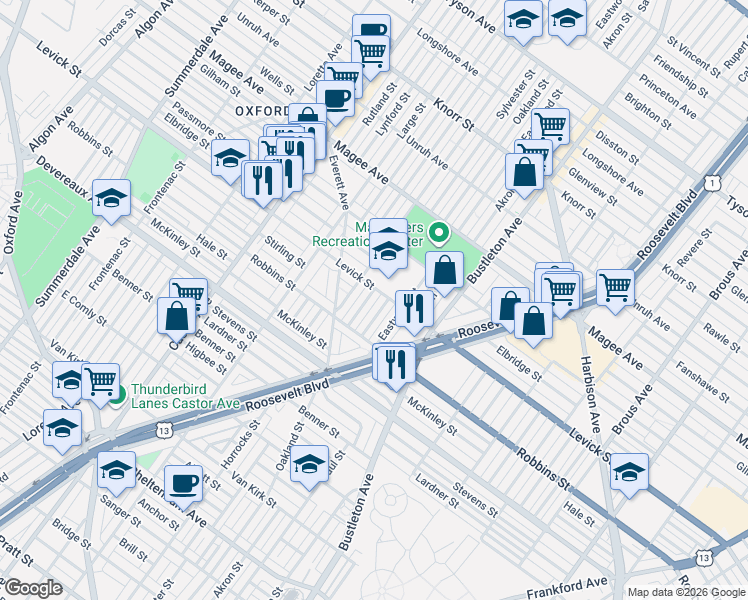 map of restaurants, bars, coffee shops, grocery stores, and more near 6330 Sylvester Street in Philadelphia
