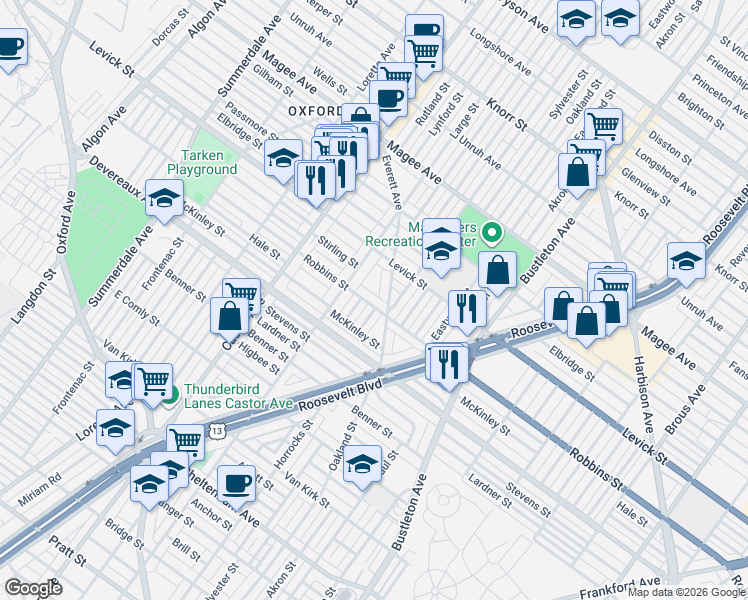 map of restaurants, bars, coffee shops, grocery stores, and more near 1545 Robbins Street in Philadelphia