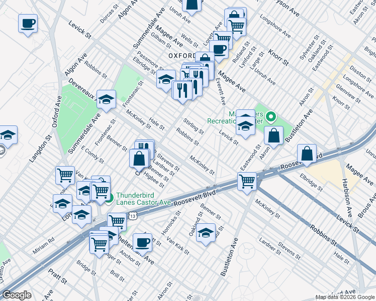map of restaurants, bars, coffee shops, grocery stores, and more near 1454 McKinley Street in Philadelphia