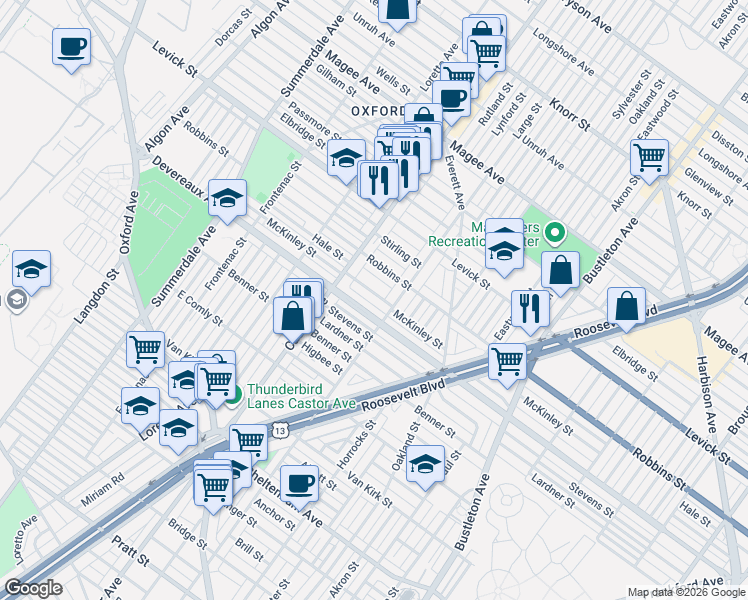 map of restaurants, bars, coffee shops, grocery stores, and more near 1454 McKinley Street in Philadelphia