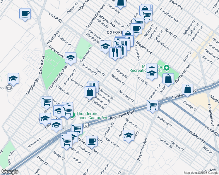 map of restaurants, bars, coffee shops, grocery stores, and more near 1454 McKinley Street in Philadelphia