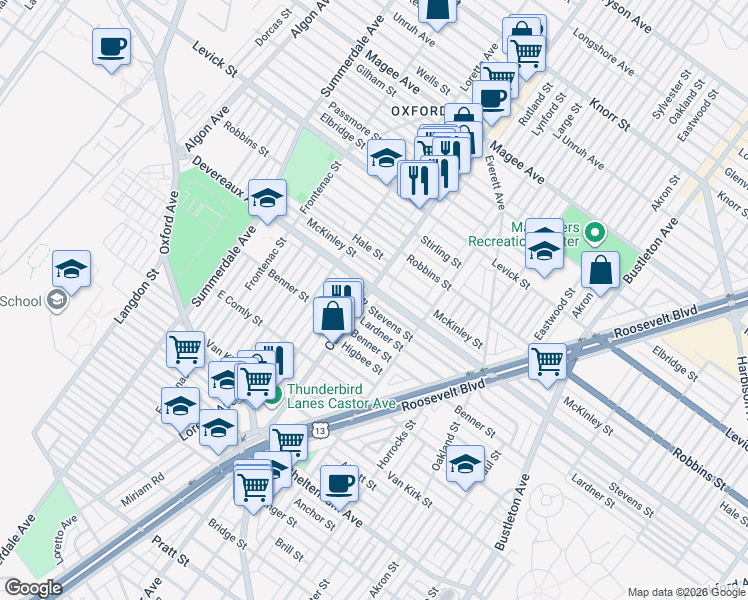 map of restaurants, bars, coffee shops, grocery stores, and more near 1414 Devereaux Avenue in Philadelphia
