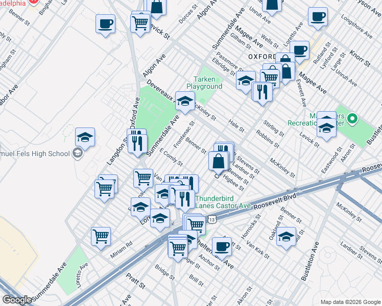 map of restaurants, bars, coffee shops, grocery stores, and more near 6030 Belden Street in Philadelphia