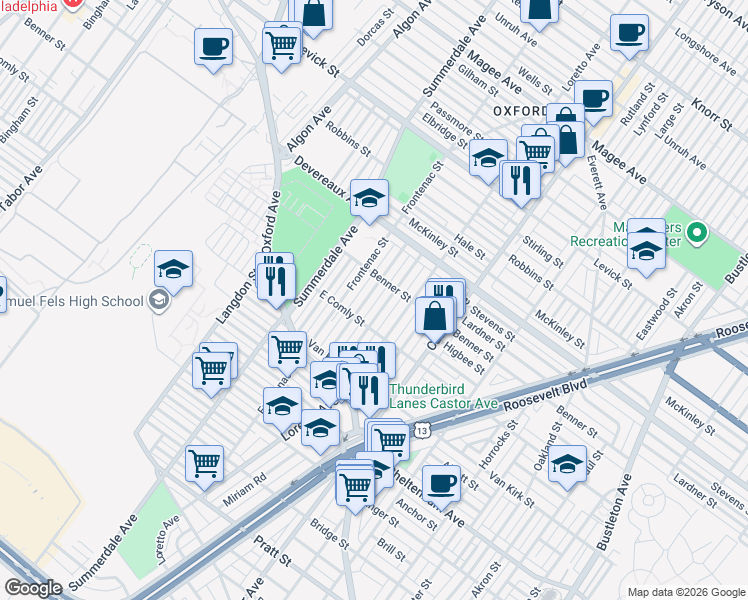 map of restaurants, bars, coffee shops, grocery stores, and more near 6030 Belden Street in Philadelphia
