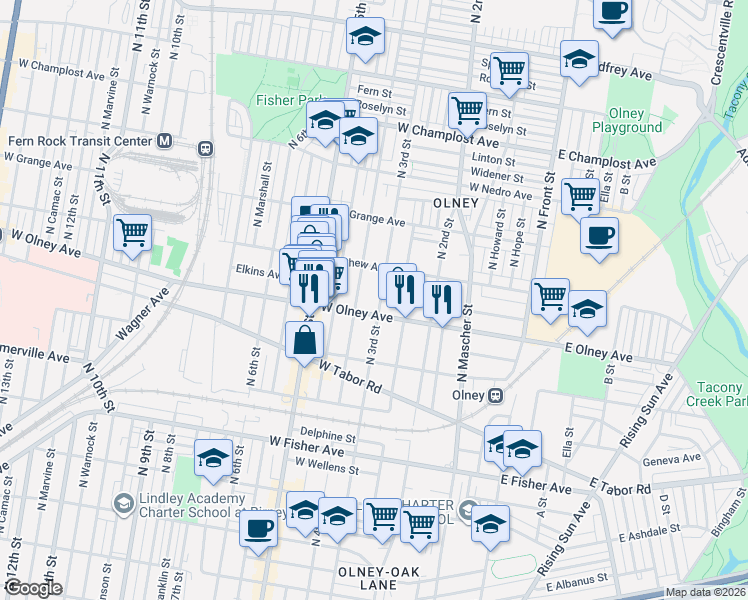 map of restaurants, bars, coffee shops, grocery stores, and more near 5613 North 3rd Street in Philadelphia