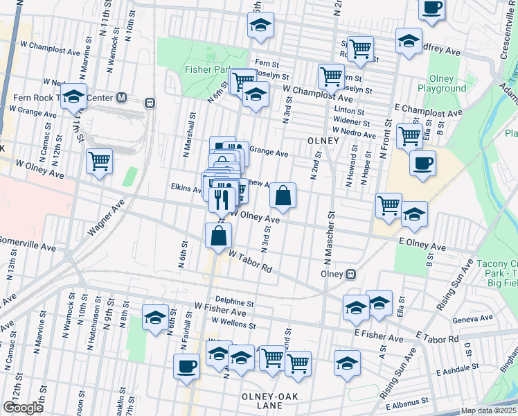 map of restaurants, bars, coffee shops, grocery stores, and more near 409 West Olney Avenue in Philadelphia