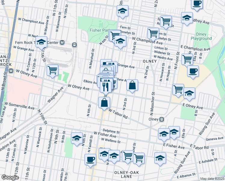 map of restaurants, bars, coffee shops, grocery stores, and more near 409 West Olney Avenue in Philadelphia