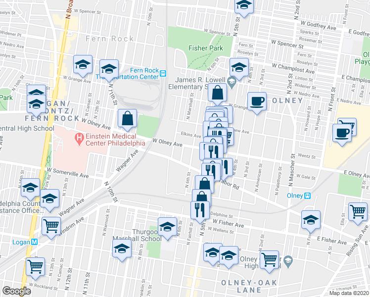 map of restaurants, bars, coffee shops, grocery stores, and more near 618 West Olney Avenue in Philadelphia