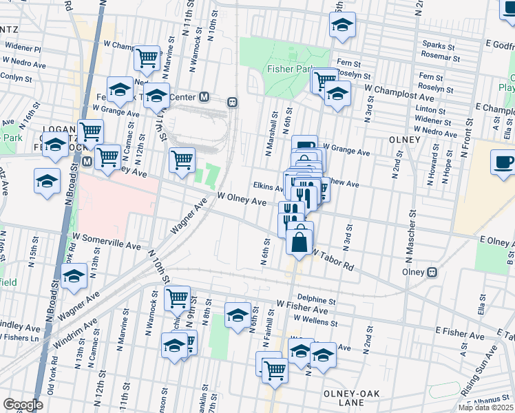 map of restaurants, bars, coffee shops, grocery stores, and more near 618 West Olney Avenue in Philadelphia