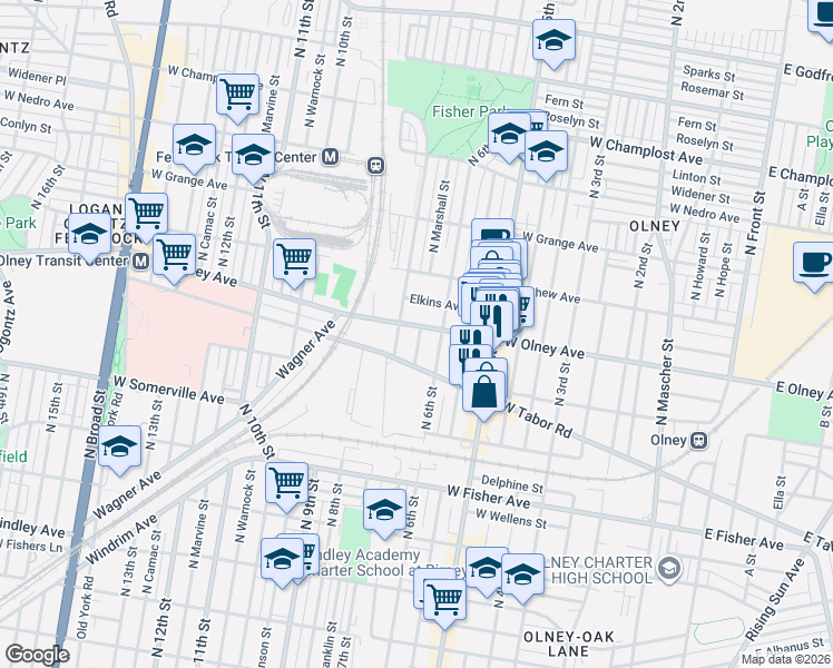 map of restaurants, bars, coffee shops, grocery stores, and more near 618 West Olney Avenue in Philadelphia