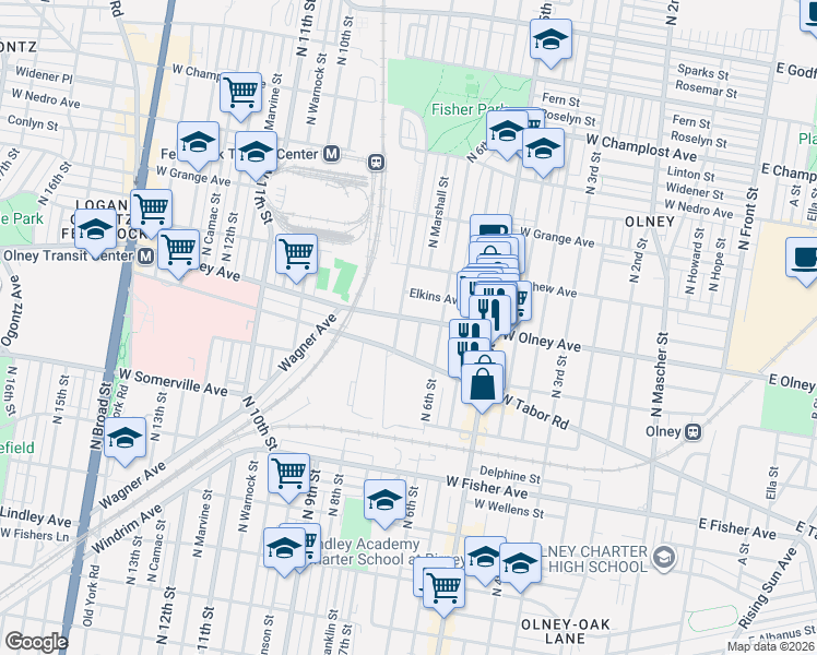 map of restaurants, bars, coffee shops, grocery stores, and more near 618 West Olney Avenue in Philadelphia