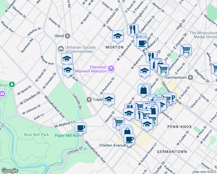 map of restaurants, bars, coffee shops, grocery stores, and more near 261 West Pastorius Street in Philadelphia