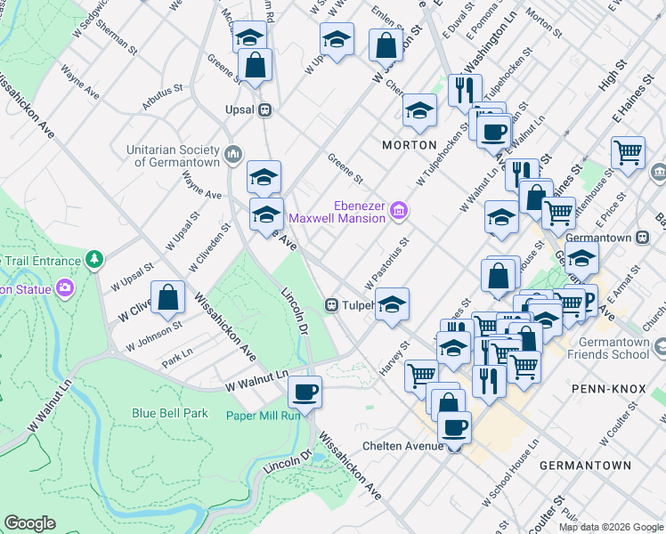 map of restaurants, bars, coffee shops, grocery stores, and more near 6222 Wayne Avenue in Philadelphia