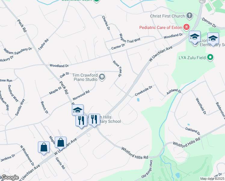 map of restaurants, bars, coffee shops, grocery stores, and more near 5 Rose Tree Drive in Downingtown