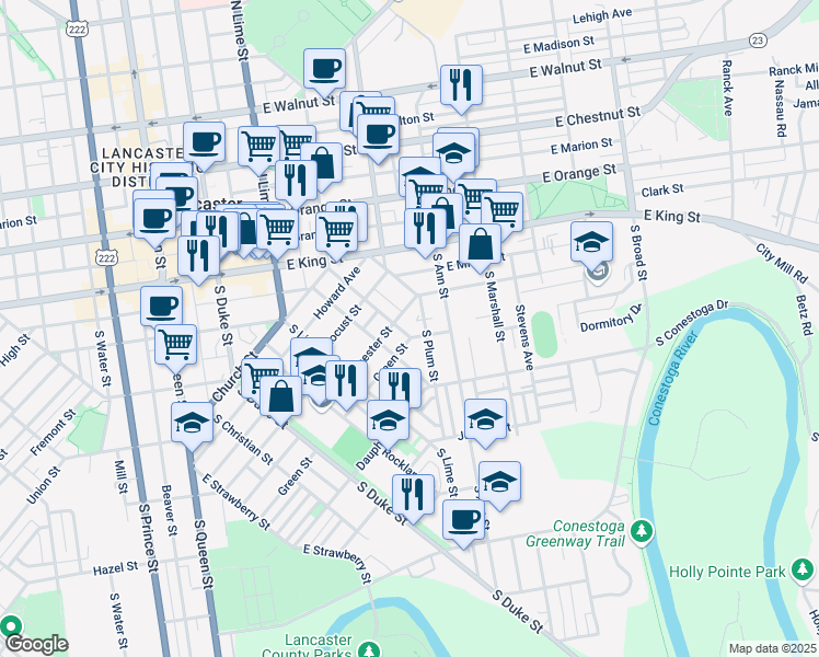 map of restaurants, bars, coffee shops, grocery stores, and more near 37 Green Street in Lancaster