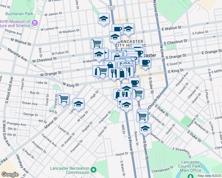 map of restaurants, bars, coffee shops, grocery stores, and more near 34 South Arch Street in Lancaster