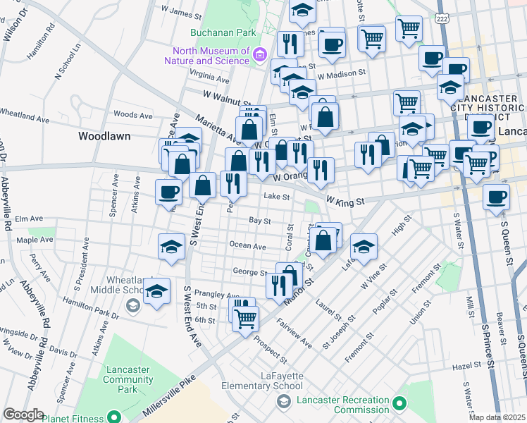 map of restaurants, bars, coffee shops, grocery stores, and more near 107 Ruby Street in Lancaster