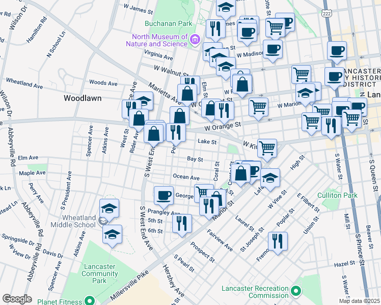 map of restaurants, bars, coffee shops, grocery stores, and more near 107 Ruby Street in Lancaster