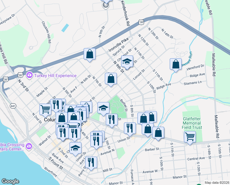 map of restaurants, bars, coffee shops, grocery stores, and more near 738 Locust Street in Columbia