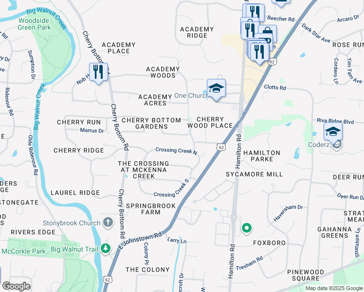 map of restaurants, bars, coffee shops, grocery stores, and more near 242 Crossing Creek North in Gahanna