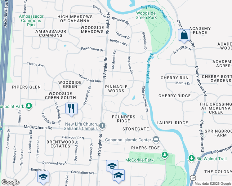 map of restaurants, bars, coffee shops, grocery stores, and more near 638 Ridenour Road in Columbus