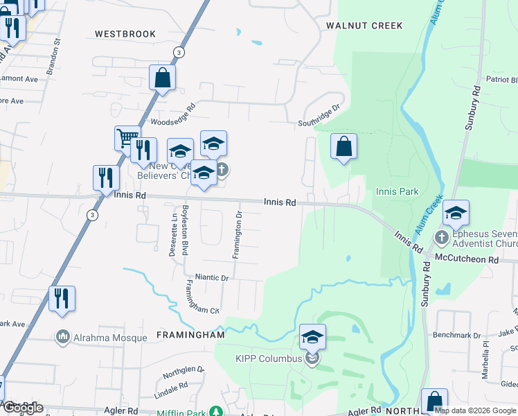 map of restaurants, bars, coffee shops, grocery stores, and more near 2715 Innis Road in Columbus