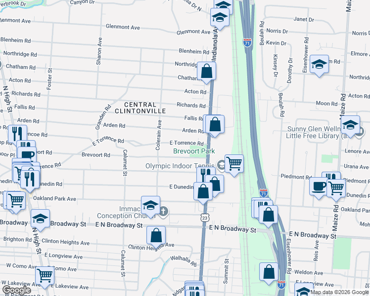 map of restaurants, bars, coffee shops, grocery stores, and more near 527 East Torrence Road in Columbus