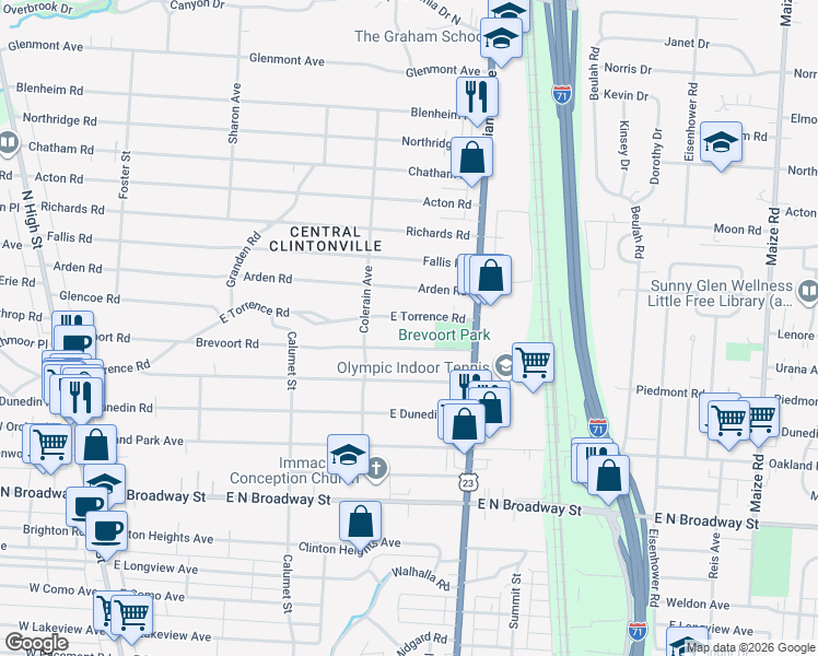 map of restaurants, bars, coffee shops, grocery stores, and more near 475 East Torrence Road in Columbus
