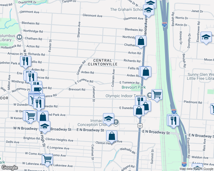 map of restaurants, bars, coffee shops, grocery stores, and more near 419 East Torrence Road in Columbus