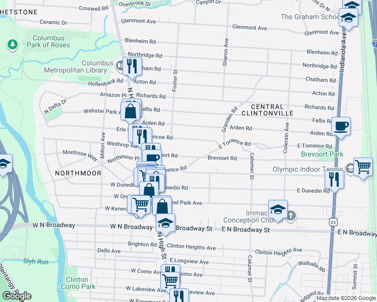 map of restaurants, bars, coffee shops, grocery stores, and more near 142 Brevoort Road in Columbus