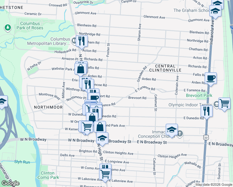 map of restaurants, bars, coffee shops, grocery stores, and more near 142 Brevoort Road in Columbus