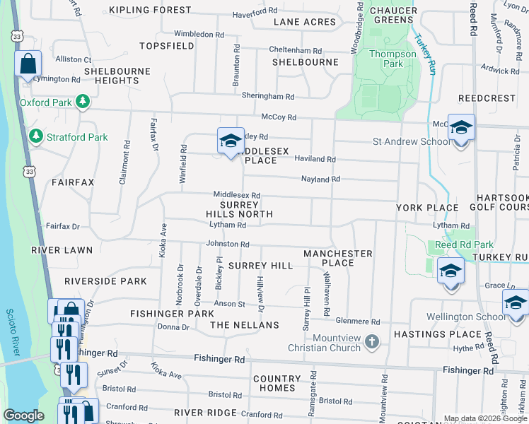 map of restaurants, bars, coffee shops, grocery stores, and more near 2300 Lytham Road in Columbus