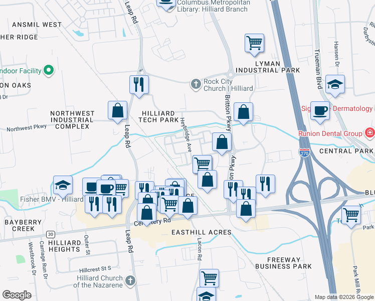 map of restaurants, bars, coffee shops, grocery stores, and more near 4088 Heybridge Avenue in Hilliard