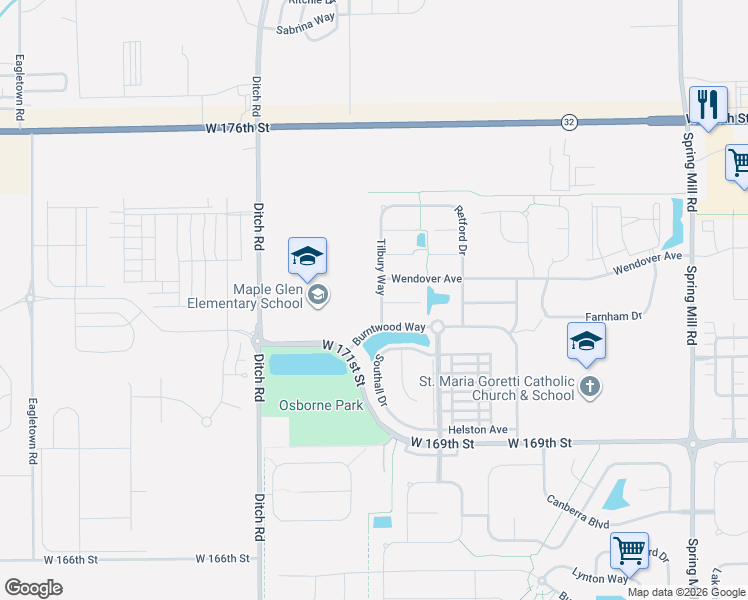 map of restaurants, bars, coffee shops, grocery stores, and more near 1059 Lichfield Lane in Westfield