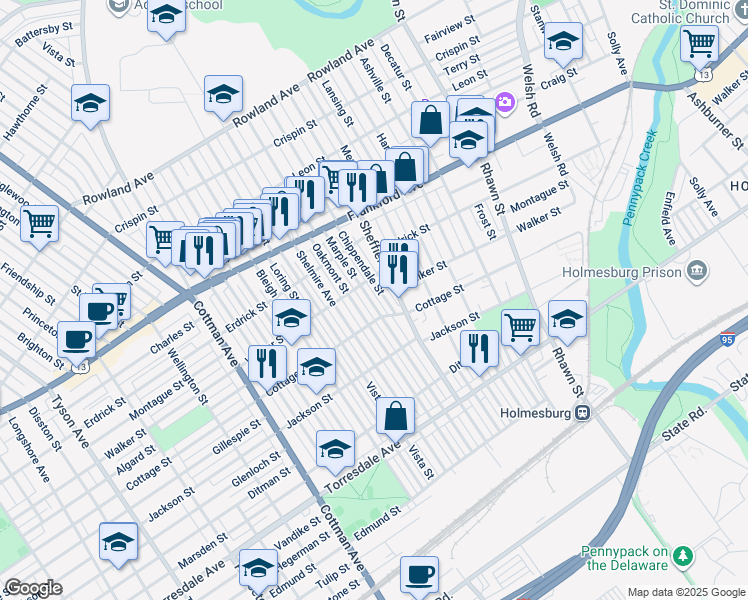 map of restaurants, bars, coffee shops, grocery stores, and more near 4321 Marple Street in Philadelphia