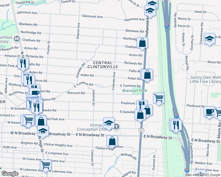 map of restaurants, bars, coffee shops, grocery stores, and more near 419 East Torrence Road in Columbus