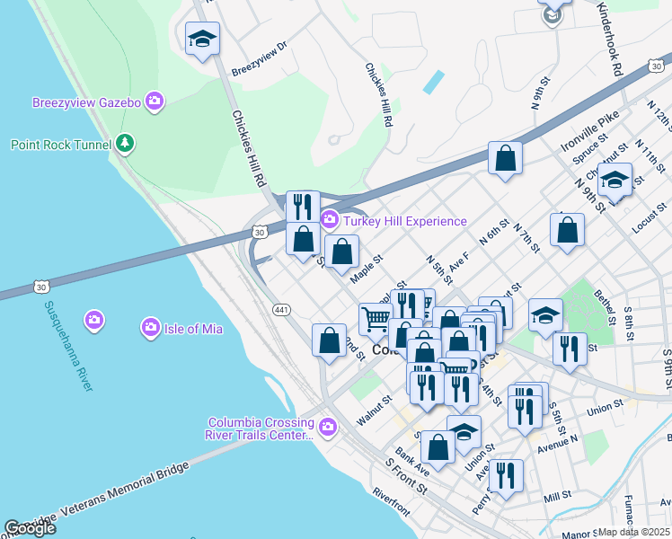 map of restaurants, bars, coffee shops, grocery stores, and more near 429 North 3rd Street in Columbia