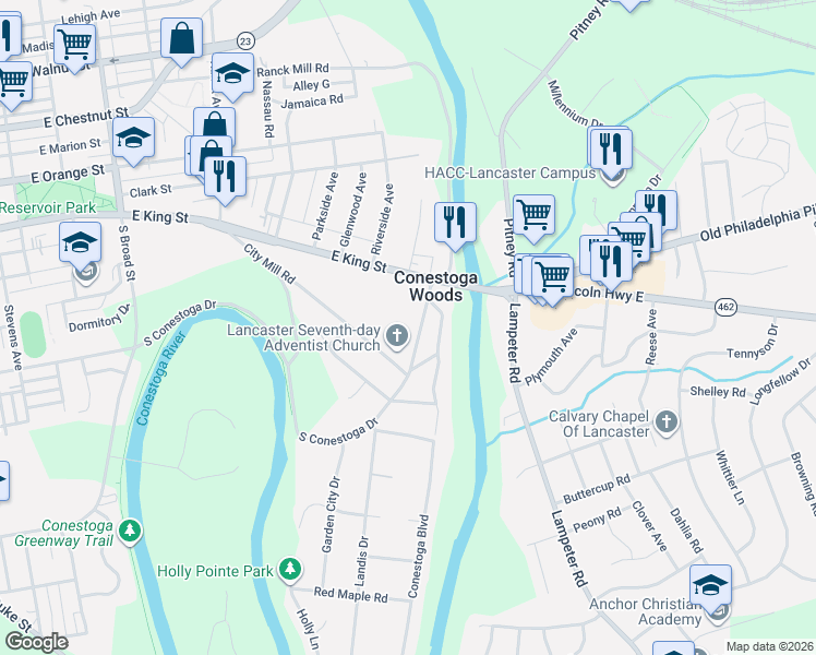 map of restaurants, bars, coffee shops, grocery stores, and more near 38 Conestoga Drive in Lancaster