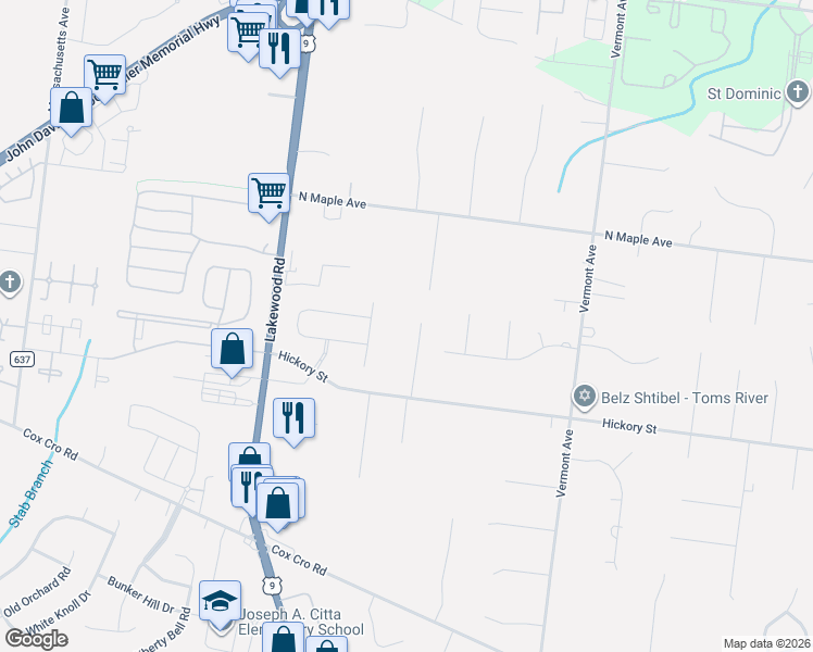 map of restaurants, bars, coffee shops, grocery stores, and more near 2222 Ponybrook Way in Toms River