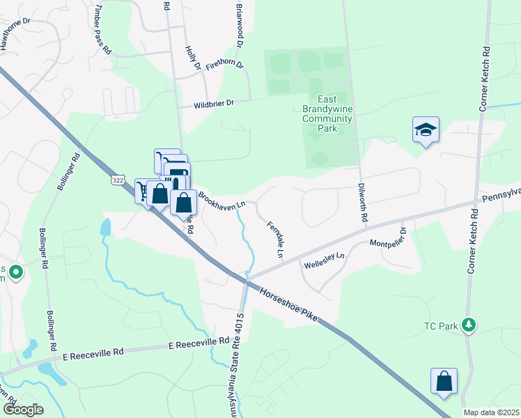 map of restaurants, bars, coffee shops, grocery stores, and more near 241 Ferndale Lane in Downingtown