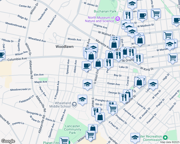 map of restaurants, bars, coffee shops, grocery stores, and more near 927 Edgewood Avenue in Lancaster