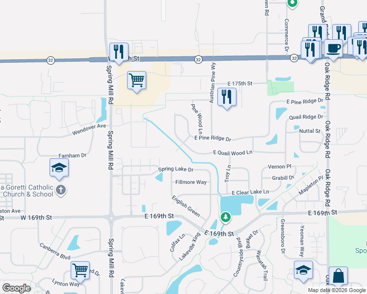 map of restaurants, bars, coffee shops, grocery stores, and more near 15 East Quail Wood Lane in Westfield