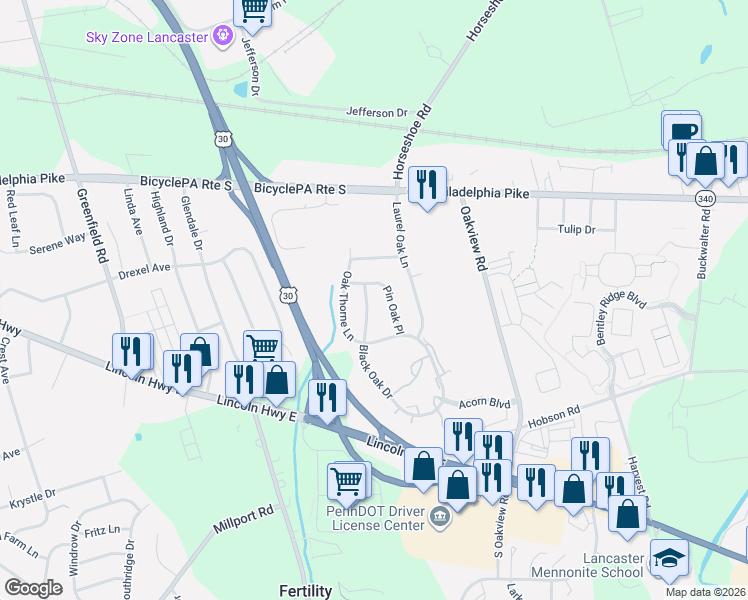 map of restaurants, bars, coffee shops, grocery stores, and more near 310 Oak Leaf Lane in Lancaster