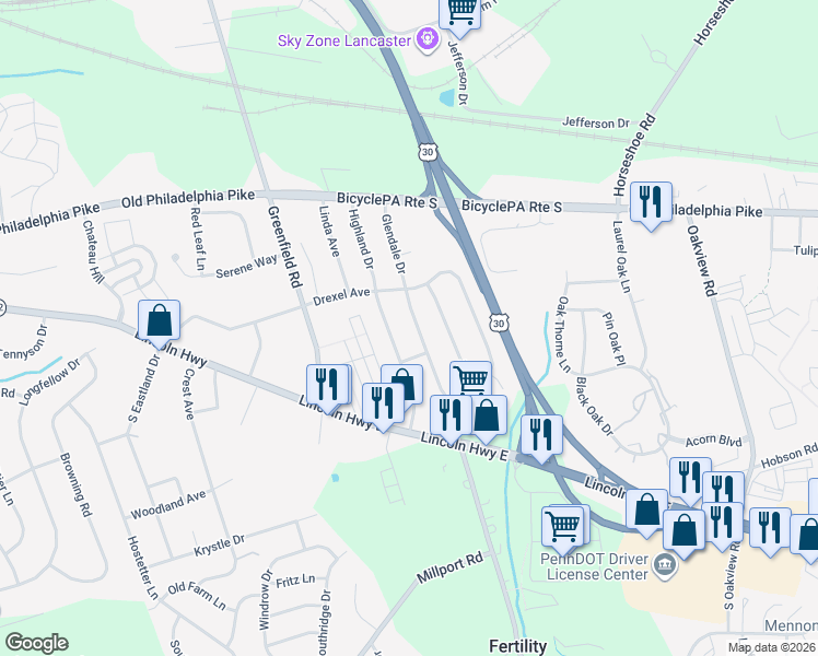 map of restaurants, bars, coffee shops, grocery stores, and more near 43 Highland Drive in Lancaster