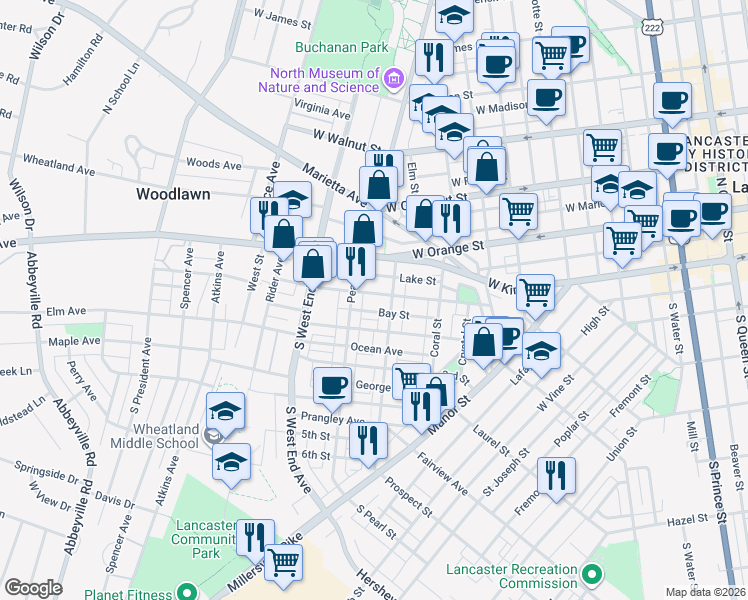 map of restaurants, bars, coffee shops, grocery stores, and more near 734 1st Street in Lancaster