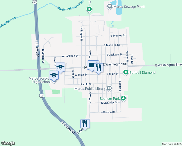 map of restaurants, bars, coffee shops, grocery stores, and more near 125 West Main Street in Maroa