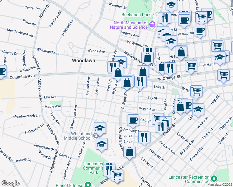 map of restaurants, bars, coffee shops, grocery stores, and more near 927 Edgewood Avenue in Lancaster