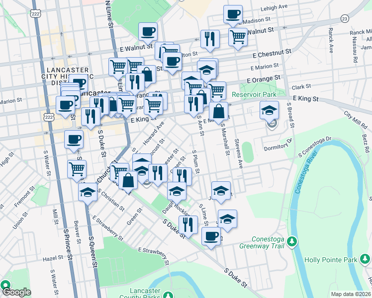 map of restaurants, bars, coffee shops, grocery stores, and more near 37 Green Street in Lancaster