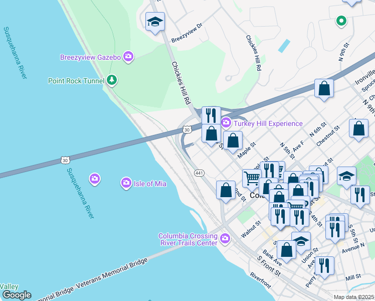 map of restaurants, bars, coffee shops, grocery stores, and more near 100 Cedar Street in Columbia