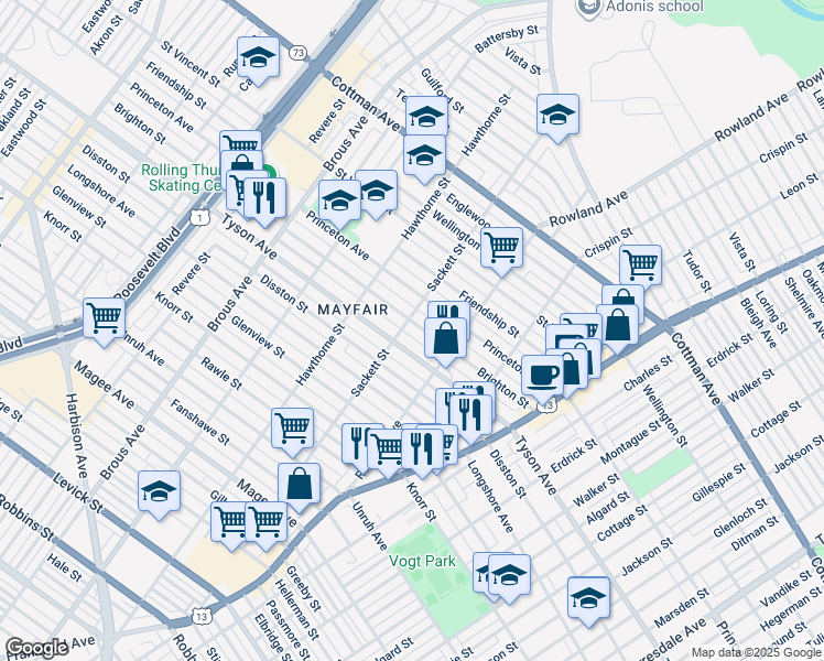 map of restaurants, bars, coffee shops, grocery stores, and more near 3204 Brighton Street in Philadelphia